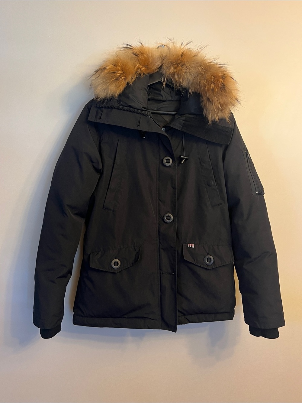 Real Down Filled Fox Fur Trim Katie Black Jacket with Genuine